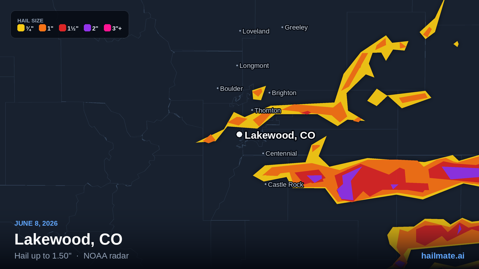 Hail swath map for Lakewood, CO on June 8, 2026 showing 1.50 inch hail.