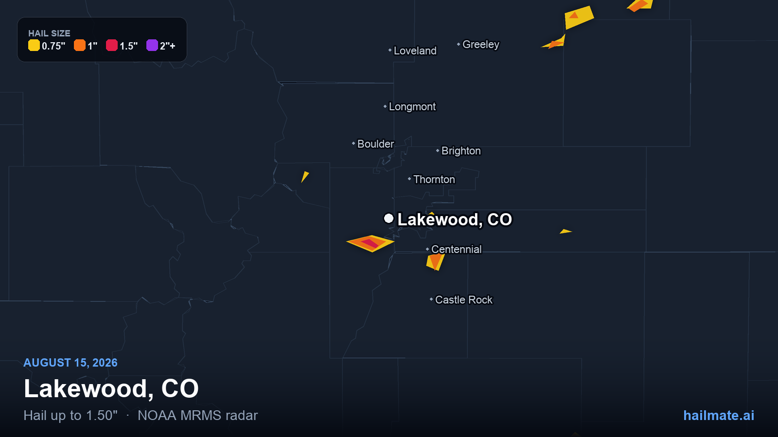 Hail swath map for Lakewood, CO on August 15, 2026 showing 1.50 inch hail.