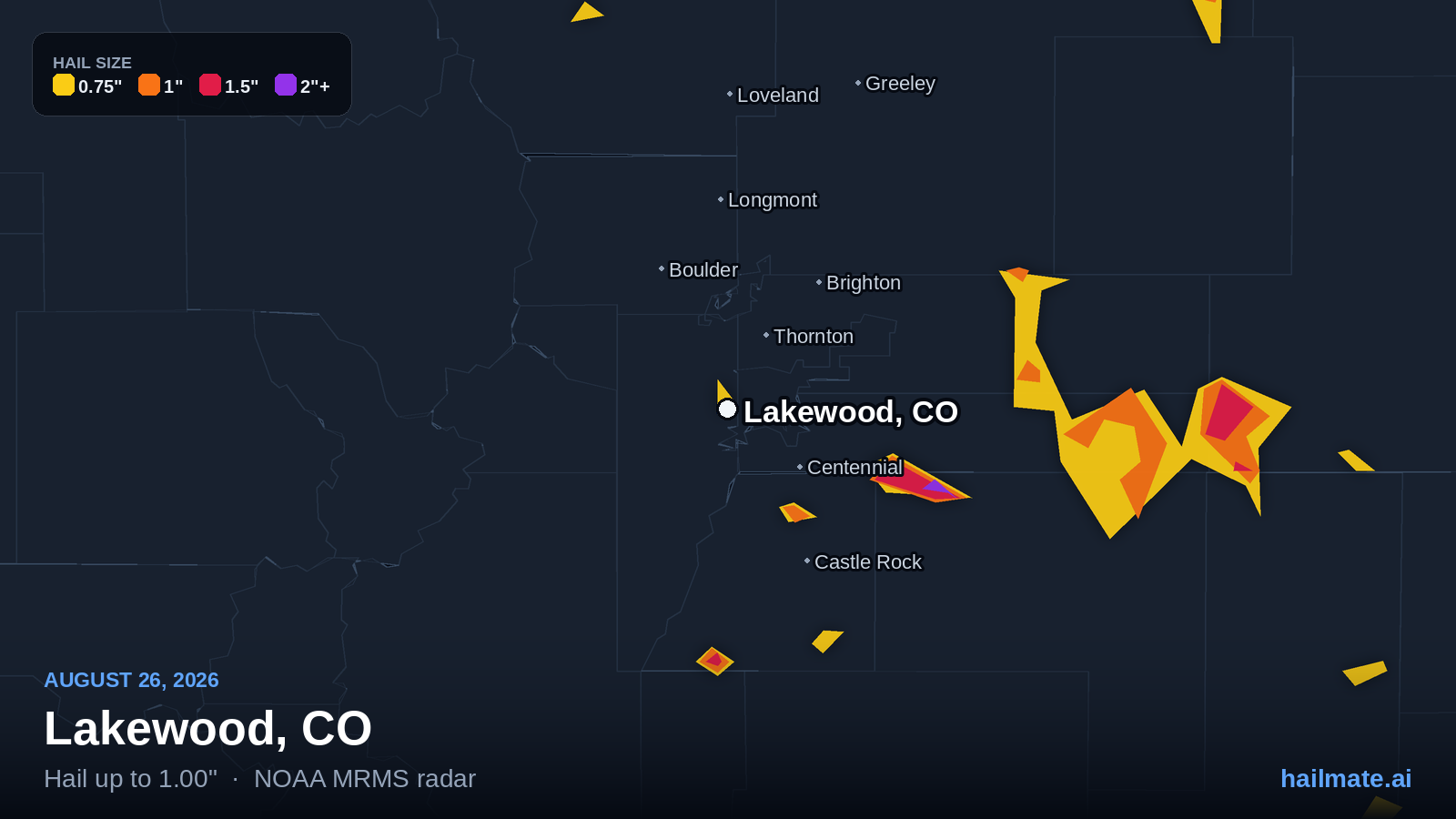Hail swath map for Lakewood, CO on August 26, 2026 showing 1.00 inch hail.