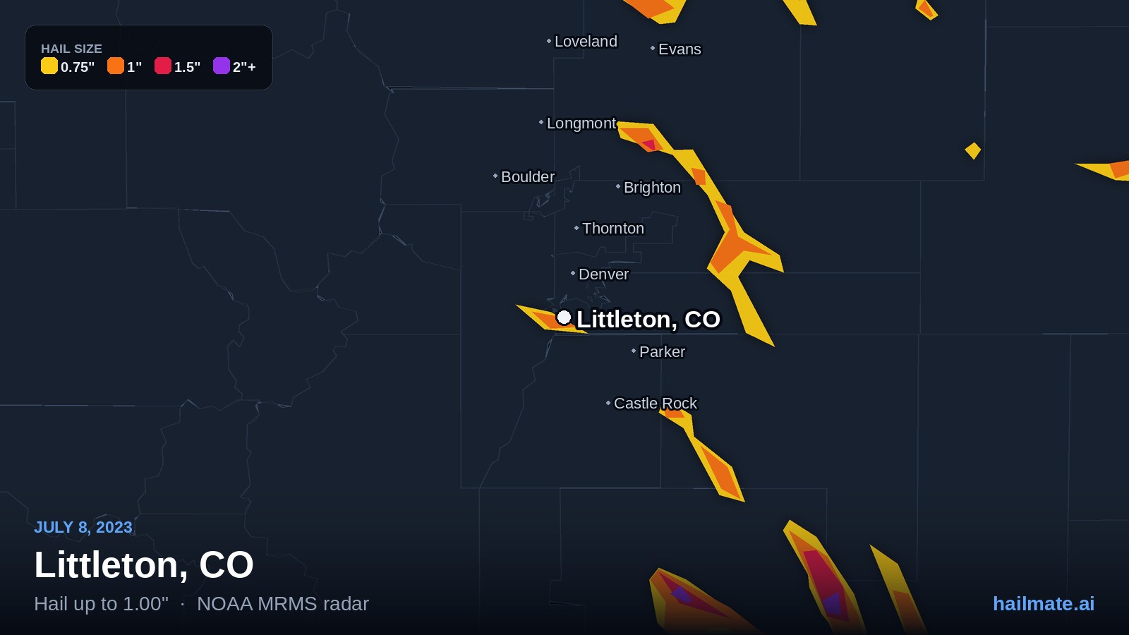 Hail swath map for Littleton, CO on July 8, 2023 showing 1.00 inch hail.