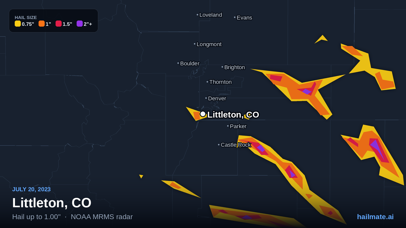 Hail swath map for Littleton, CO on July 20, 2023 showing 1.00 inch hail.