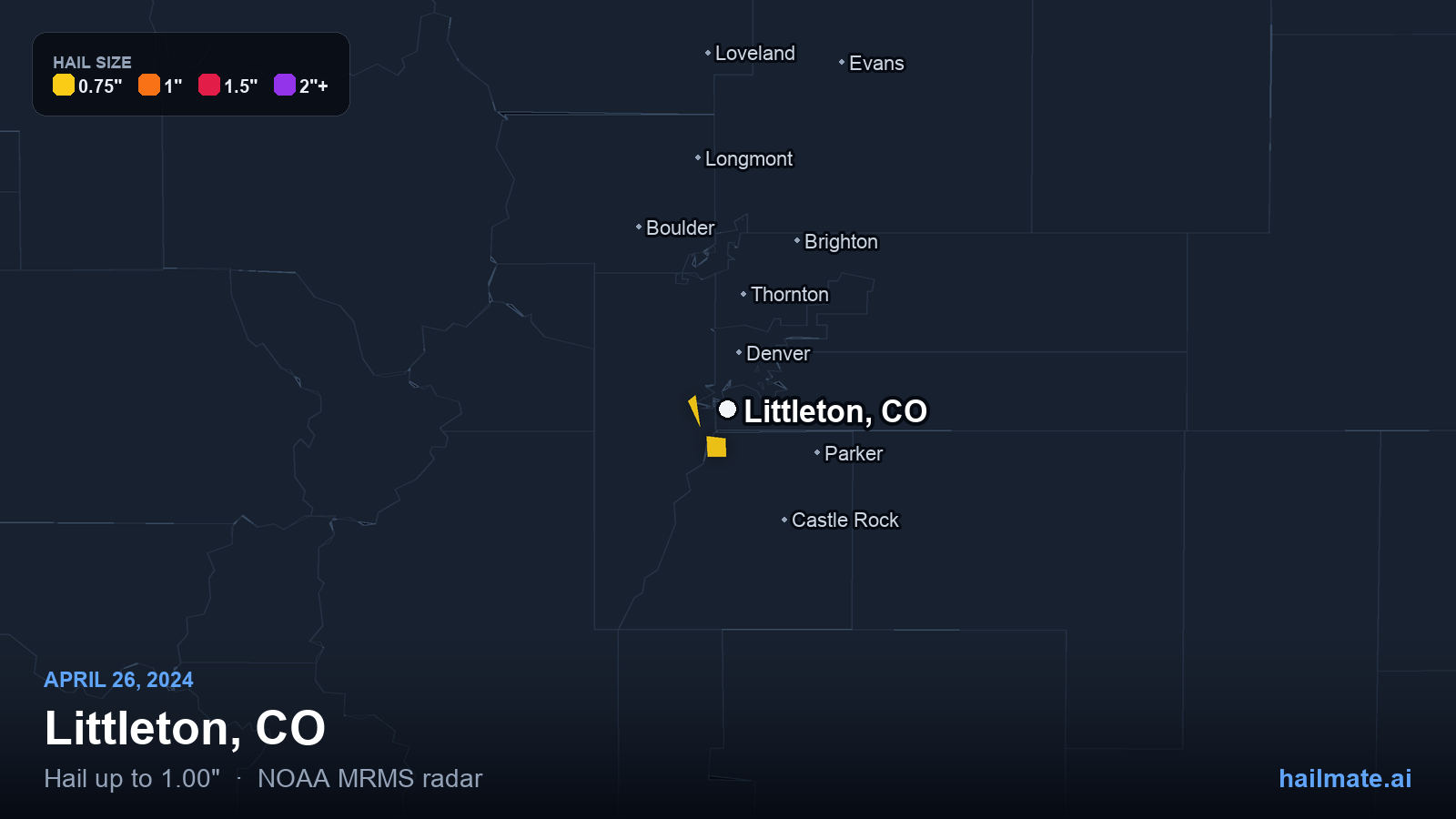Hail swath map for Littleton, CO on April 26, 2024 showing 1.00 inch hail.