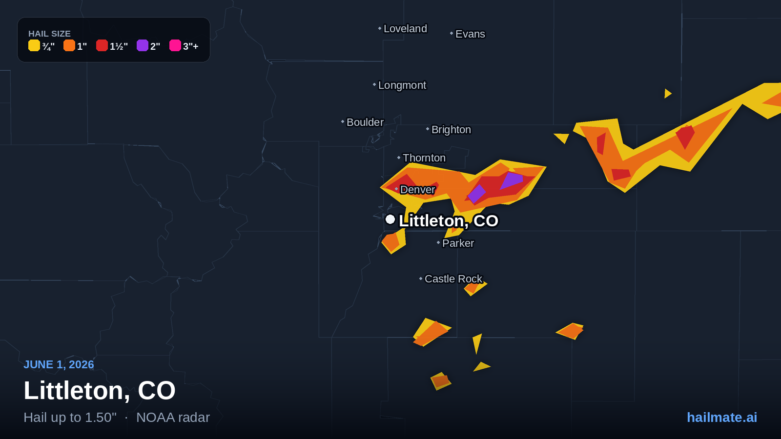 Hail swath map for Littleton, CO on June 1, 2026 showing 1.50 inch hail.