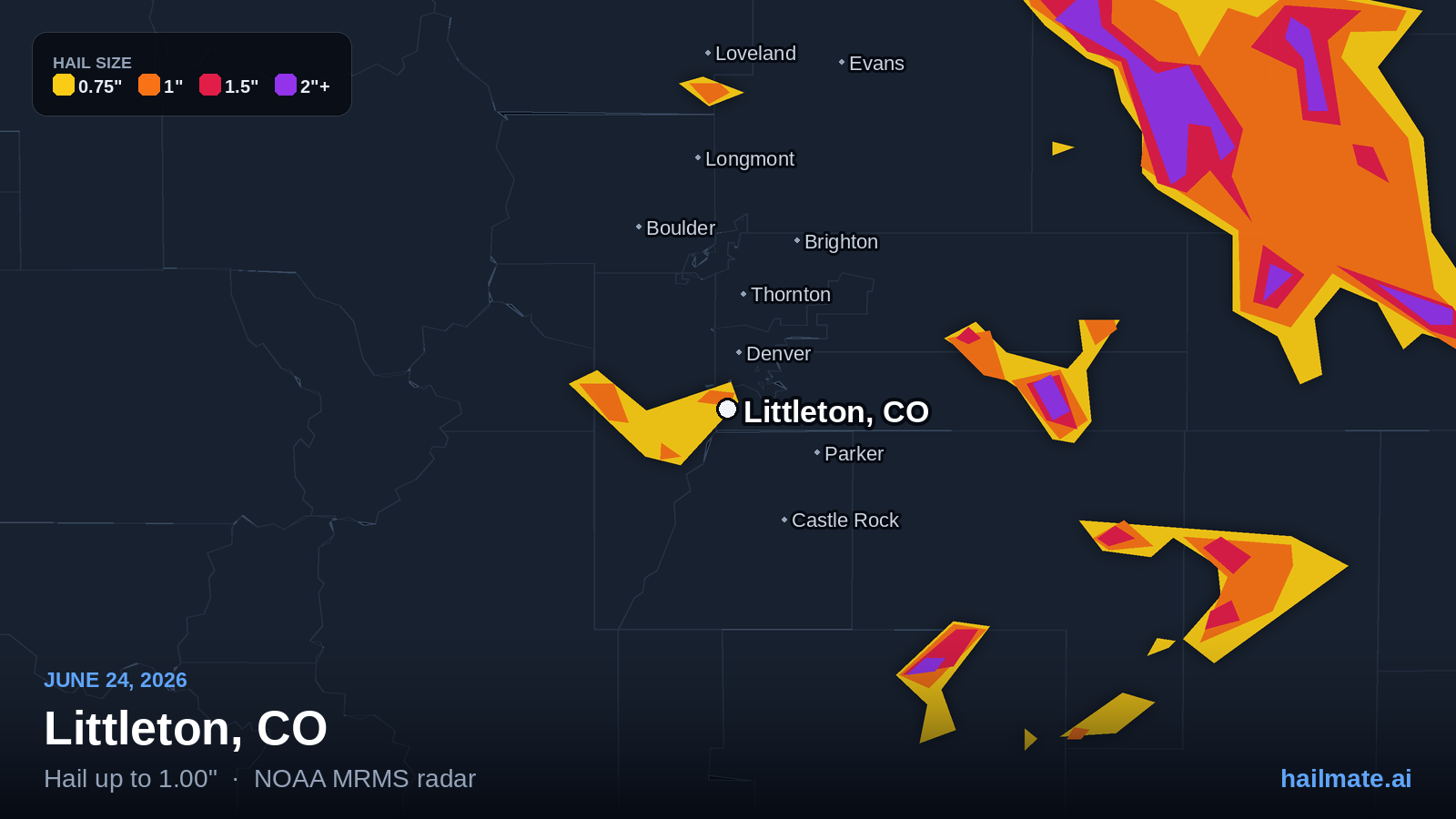 Hail swath map for Littleton, CO on June 24, 2026 showing 1.00 inch hail.