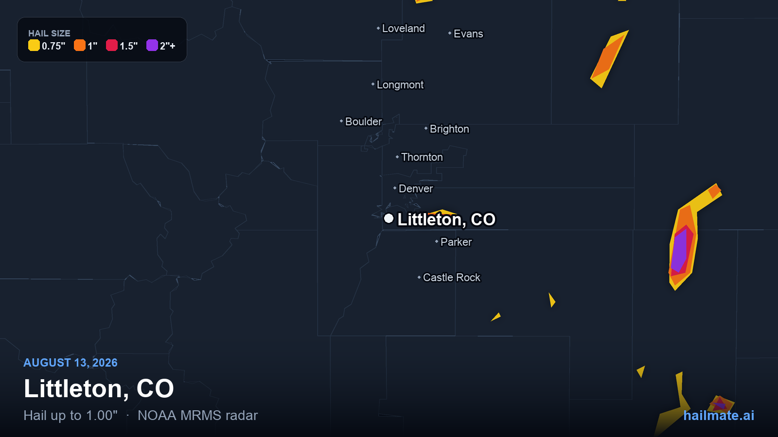 Hail swath map for Littleton, CO on August 13, 2026 showing 1.00 inch hail.