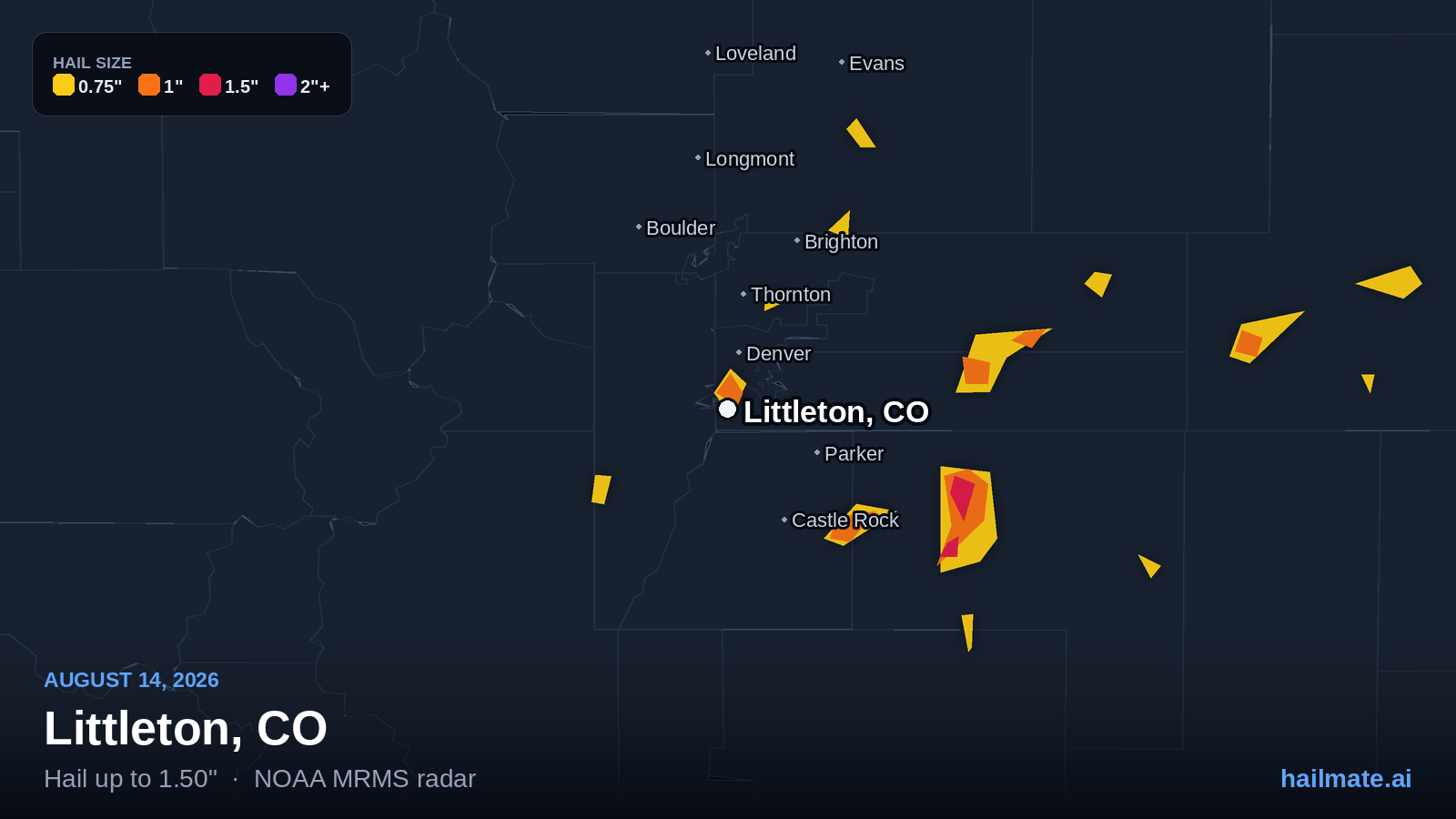 Hail swath map for Littleton, CO on August 14, 2026 showing 1.50 inch hail.