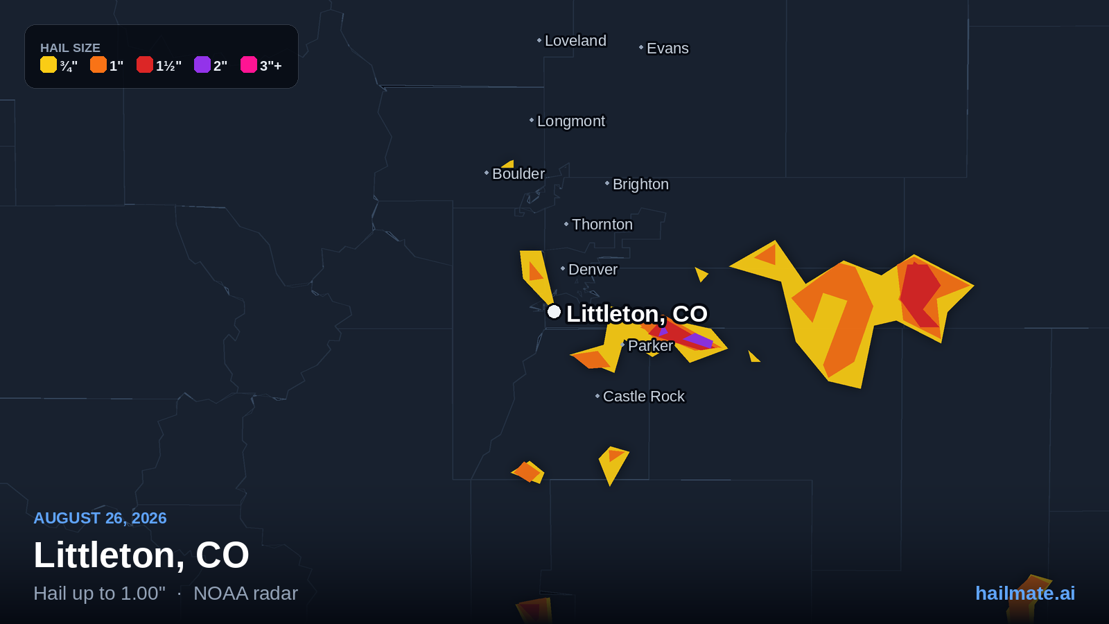 Hail swath map for Littleton, CO on August 26, 2026 showing 1.00 inch hail.