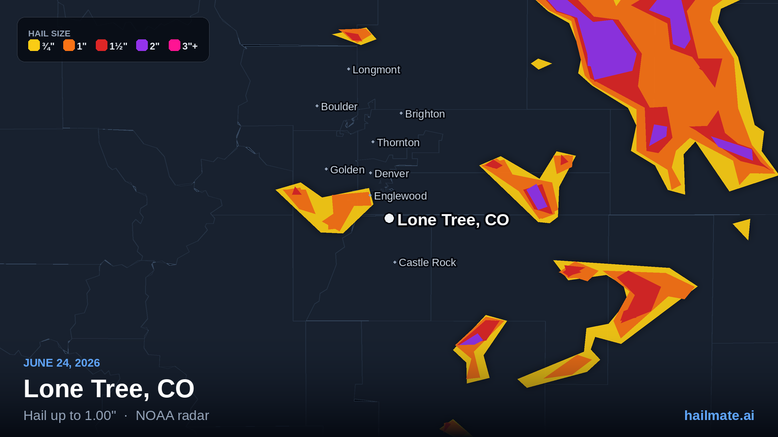 Hail swath map for Lone Tree, CO on June 24, 2026 showing 1.00 inch hail.