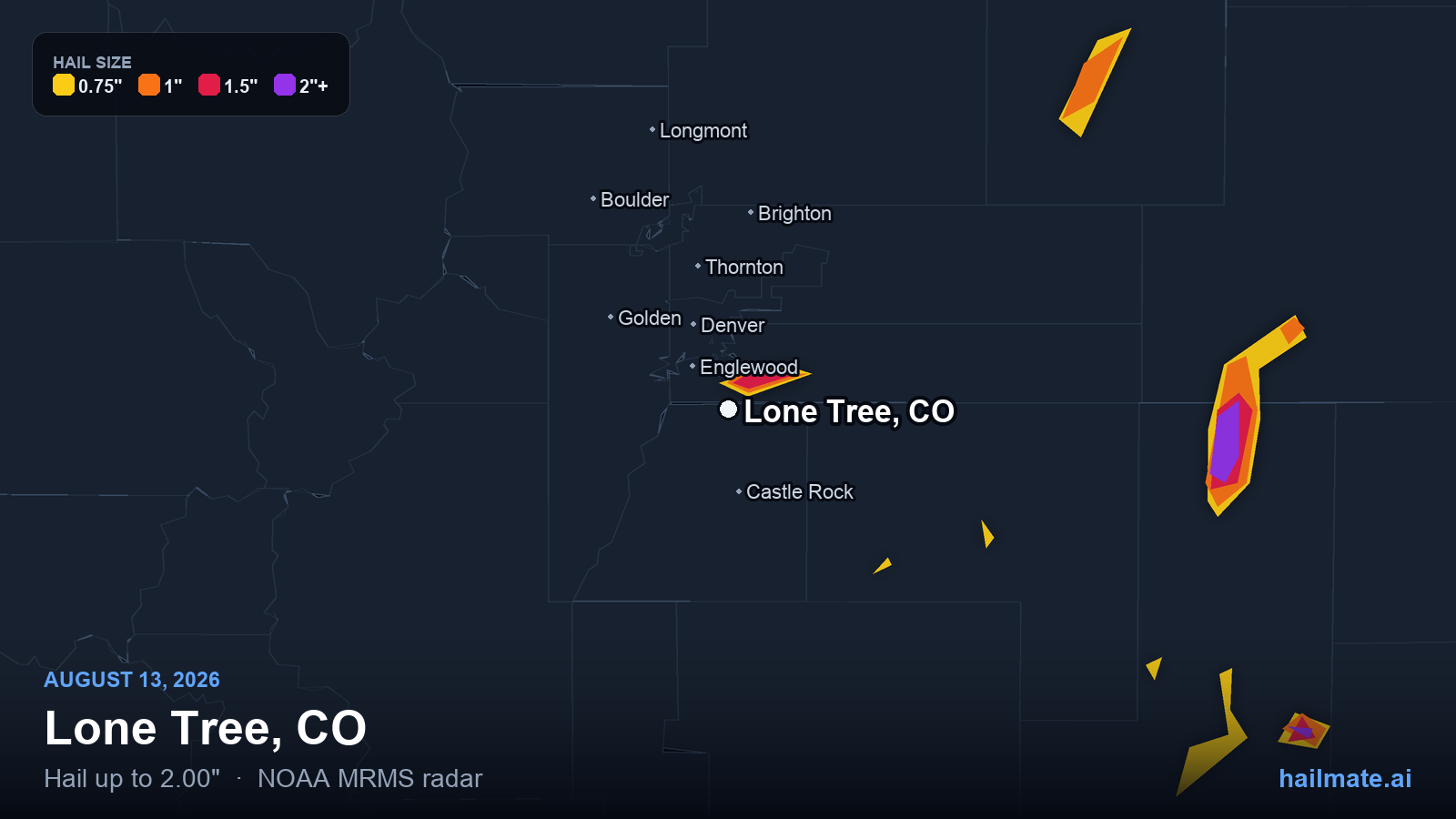 Hail swath map for Lone Tree, CO on August 13, 2026 showing 2.00 inch hail.