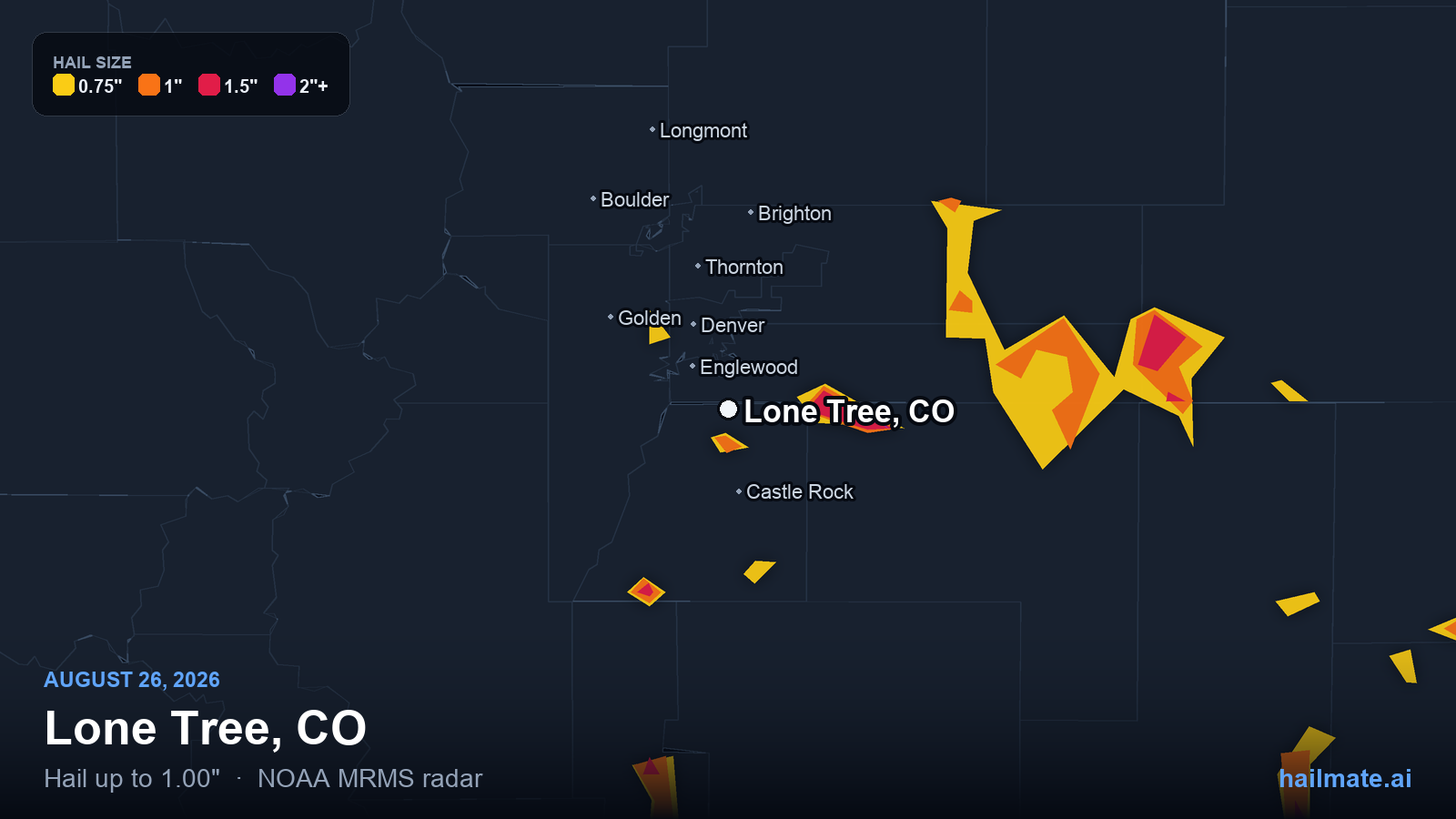 Hail swath map for Lone Tree, CO on August 26, 2026 showing 1.00 inch hail.