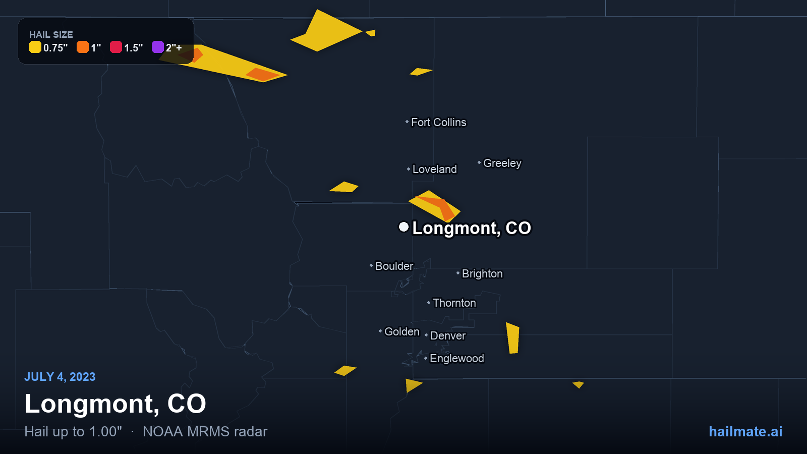 Hail swath map for Longmont, CO on July 4, 2023 showing 1.00 inch hail.