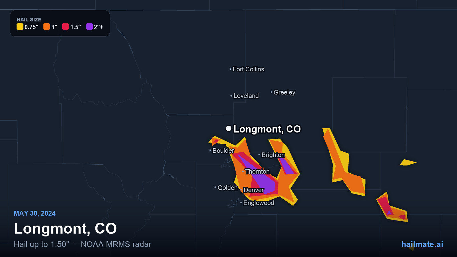 Hail swath map for Longmont, CO on May 30, 2024 showing 1.50 inch hail.