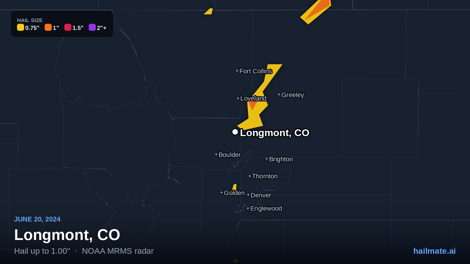 Hail swath map for Longmont, CO on June 20, 2024 showing 1.00 inch hail.