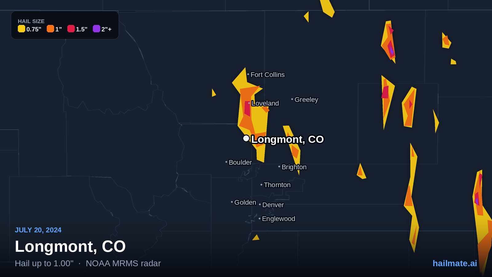 Hail swath map for Longmont, CO on July 20, 2024 showing 1.00 inch hail.