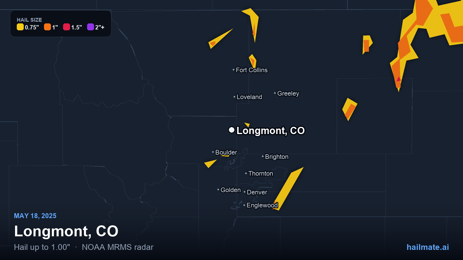 Hail swath map for Longmont, CO on May 18, 2025 showing 1.00 inch hail.