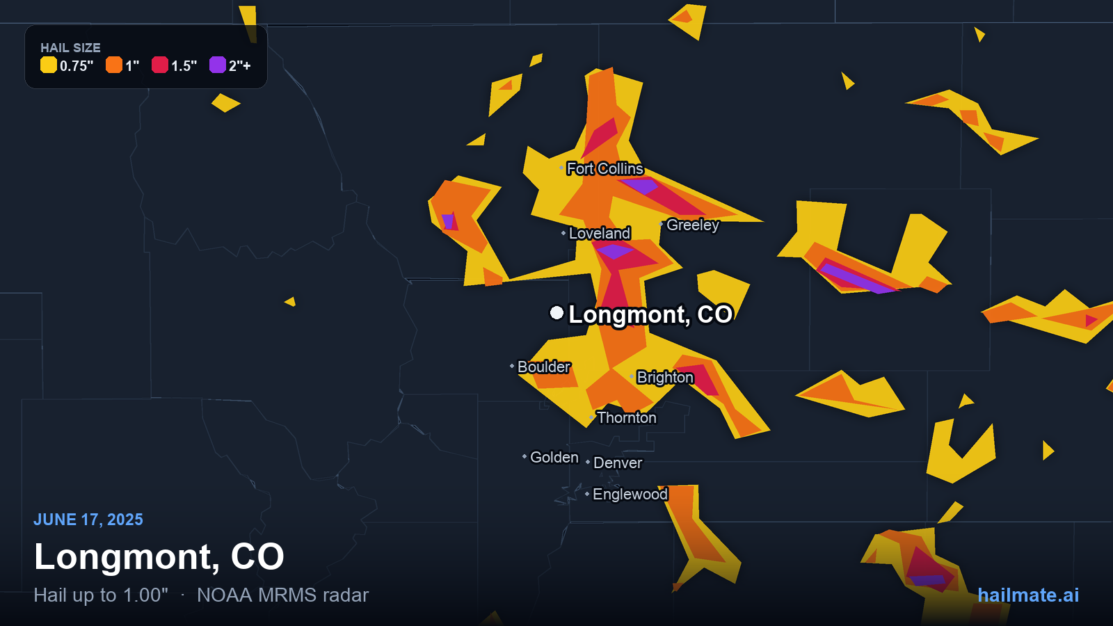 Hail swath map for Longmont, CO on June 17, 2025 showing 1.00 inch hail.
