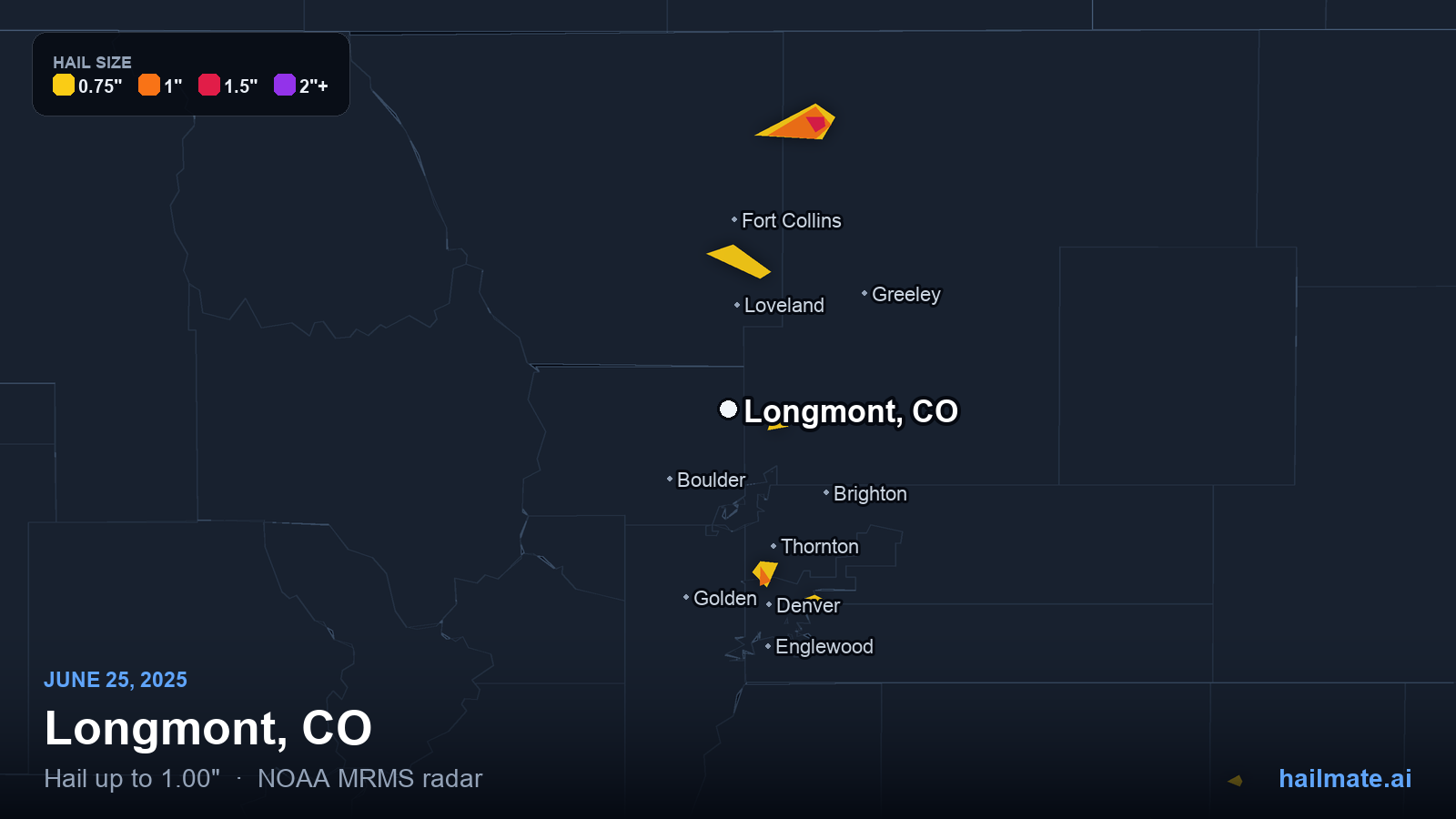 Hail swath map for Longmont, CO on June 25, 2025 showing 1.00 inch hail.