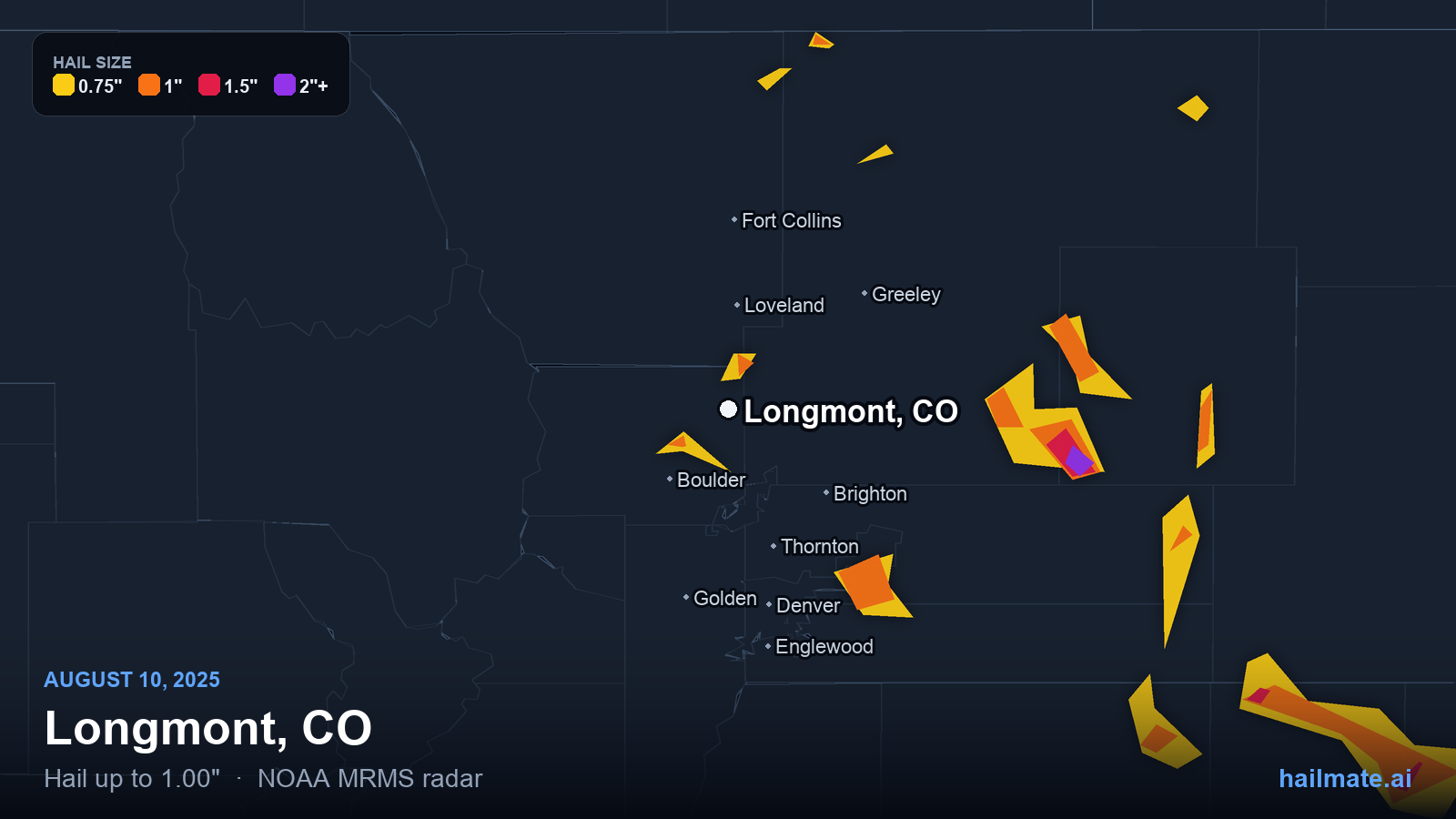 Hail swath map for Longmont, CO on August 10, 2025 showing 1.00 inch hail.