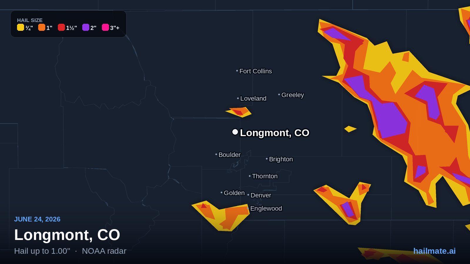 Hail swath map for Longmont, CO on June 24, 2026 showing 1.00 inch hail.