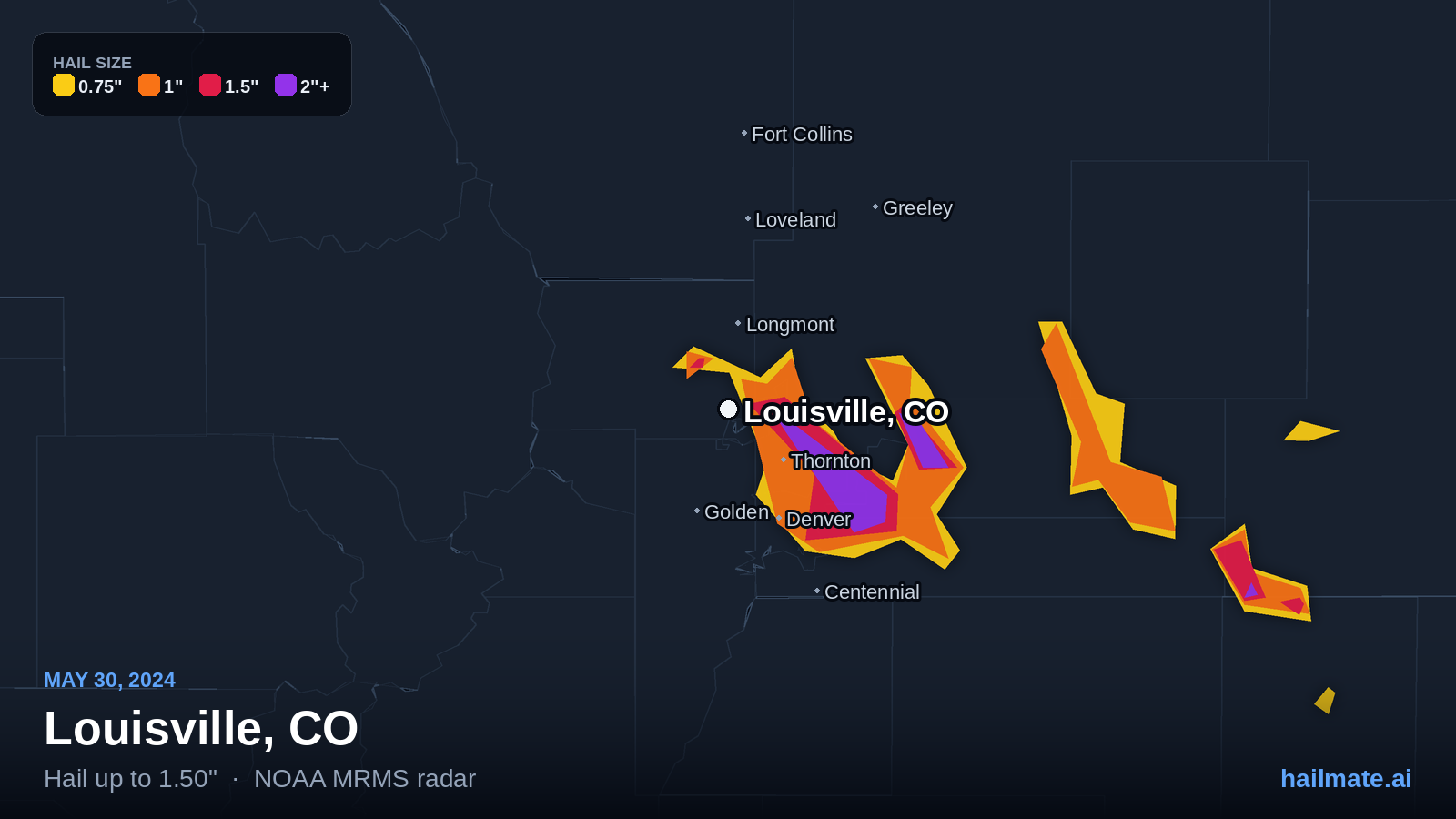 Hail swath map for Louisville, CO on May 30, 2024 showing 1.50 inch hail.