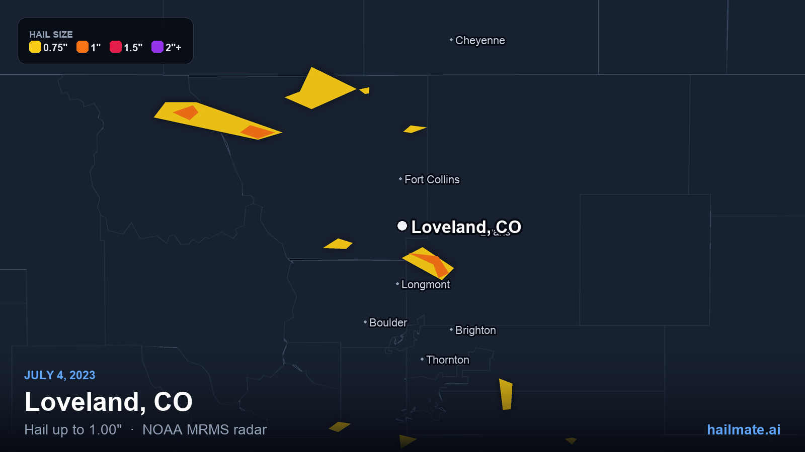 Hail swath map for Loveland, CO on July 4, 2023 showing 1.00 inch hail.
