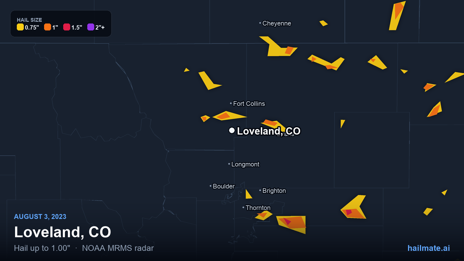 Hail swath map for Loveland, CO on August 3, 2023 showing 1.00 inch hail.