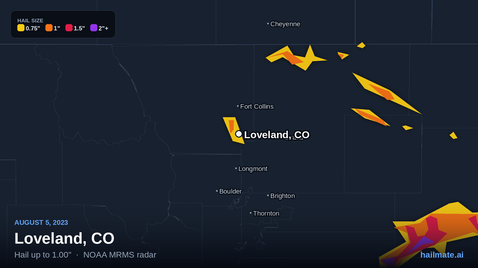 Hail swath map for Loveland, CO on August 5, 2023 showing 1.00 inch hail.