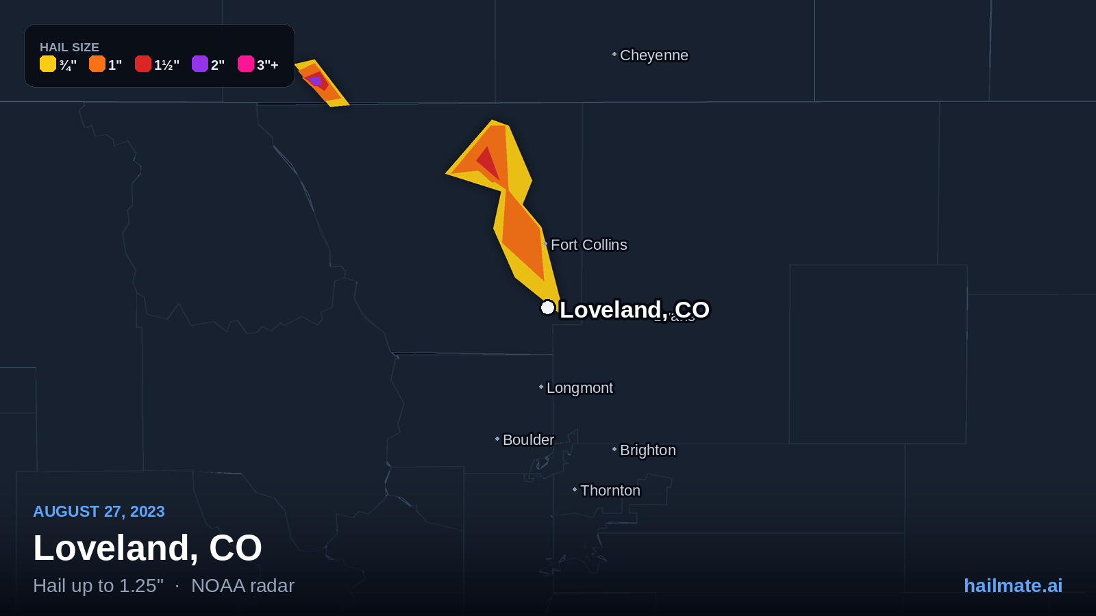 Hail swath map for Loveland, CO on August 27, 2023 showing 1.25 inch hail.
