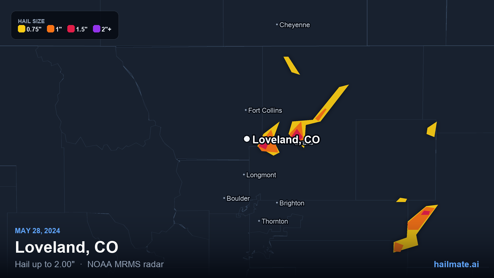 Hail swath map for Loveland, CO on May 28, 2024 showing 2.00 inch hail.