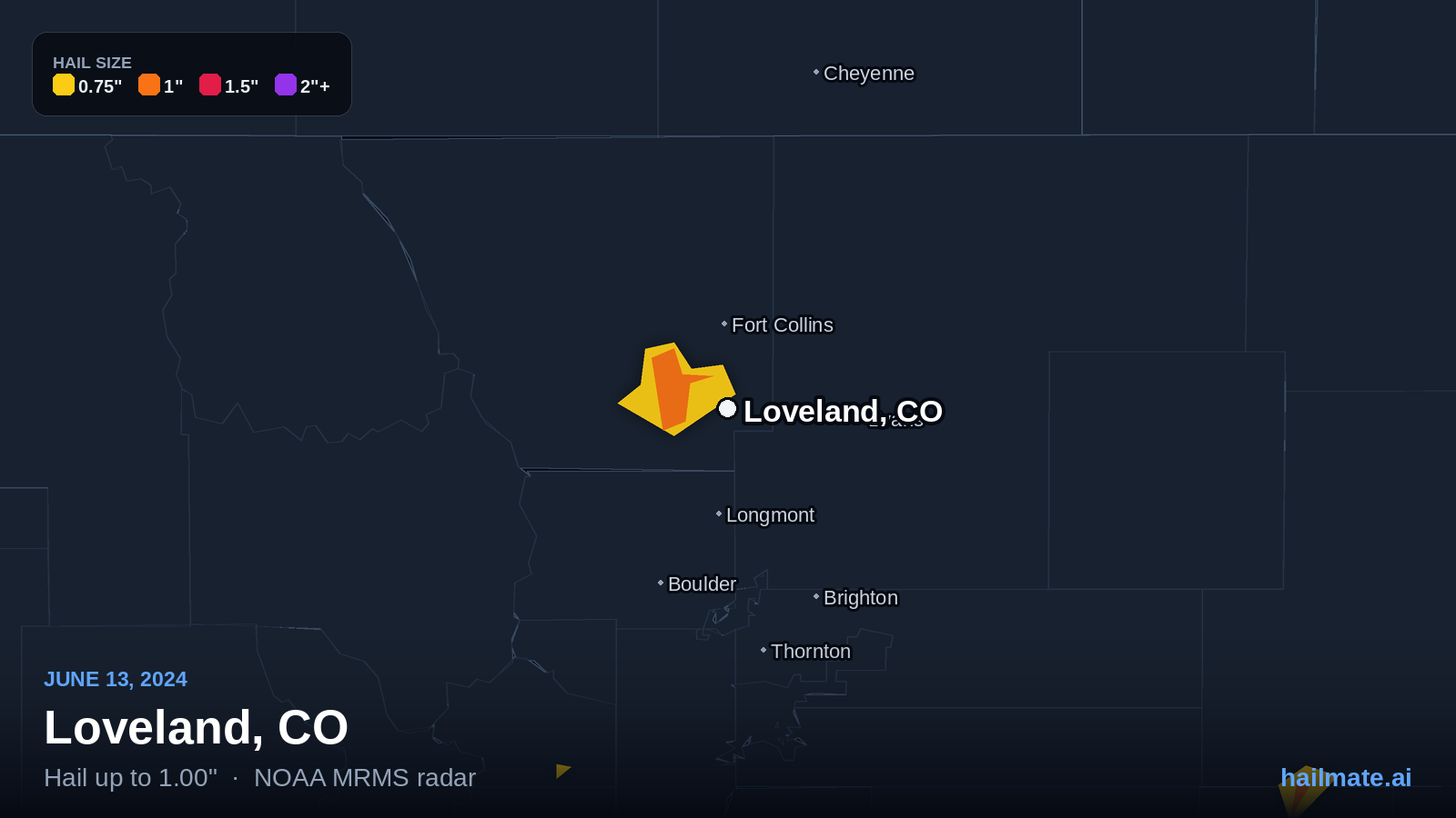 Hail swath map for Loveland, CO on June 13, 2024 showing 1.00 inch hail.