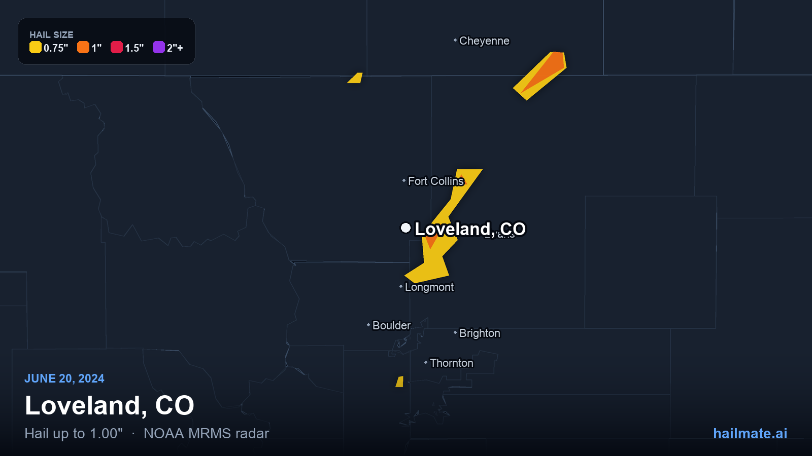 Hail swath map for Loveland, CO on June 20, 2024 showing 1.00 inch hail.
