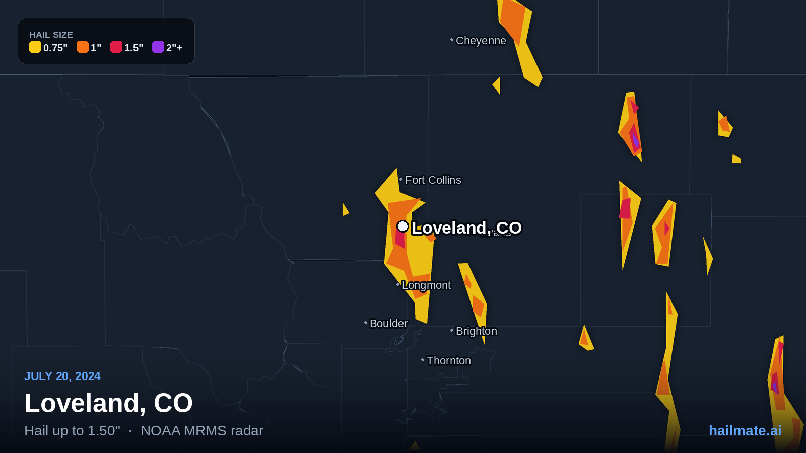 Hail swath map for Loveland, CO on July 20, 2024 showing 1.50 inch hail.