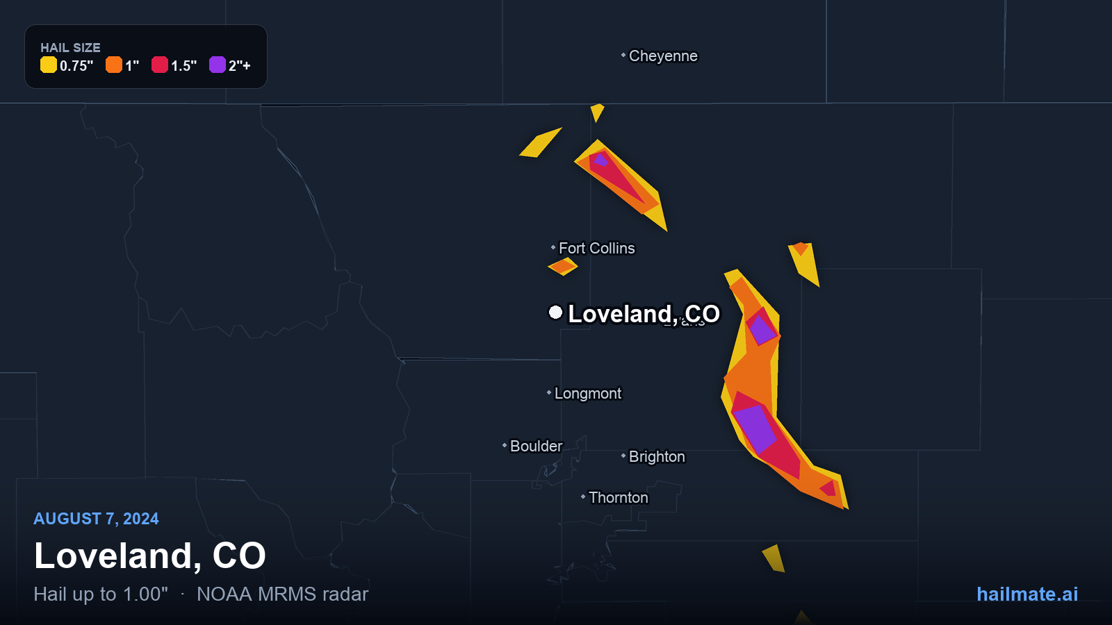 Hail swath map for Loveland, CO on August 7, 2024 showing 1.00 inch hail.