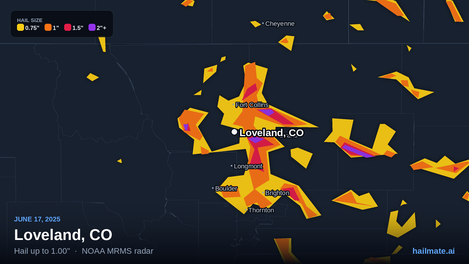 Hail swath map for Loveland, CO on June 17, 2025 showing 1.00 inch hail.