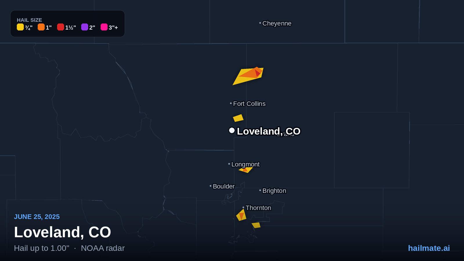 Hail swath map for Loveland, CO on June 25, 2025 showing 1.00 inch hail.