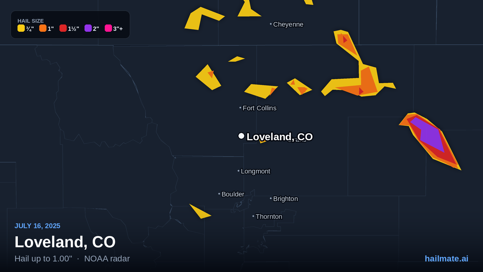 Hail swath map for Loveland, CO on July 16, 2025 showing 1.00 inch hail.