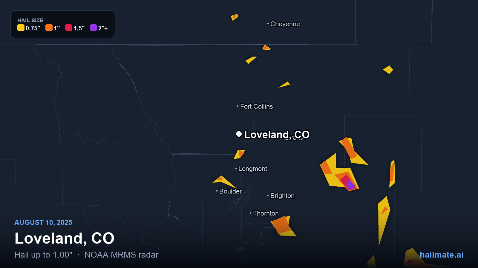 Hail swath map for Loveland, CO on August 10, 2025 showing 1.00 inch hail.