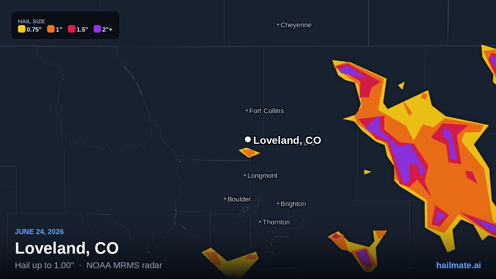 Hail swath map for Loveland, CO on June 24, 2026 showing 1.00 inch hail.