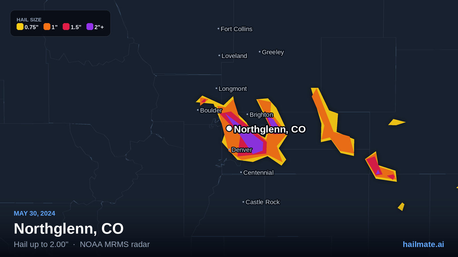 Hail swath map for Northglenn, CO on May 30, 2024 showing 2.00 inch hail.