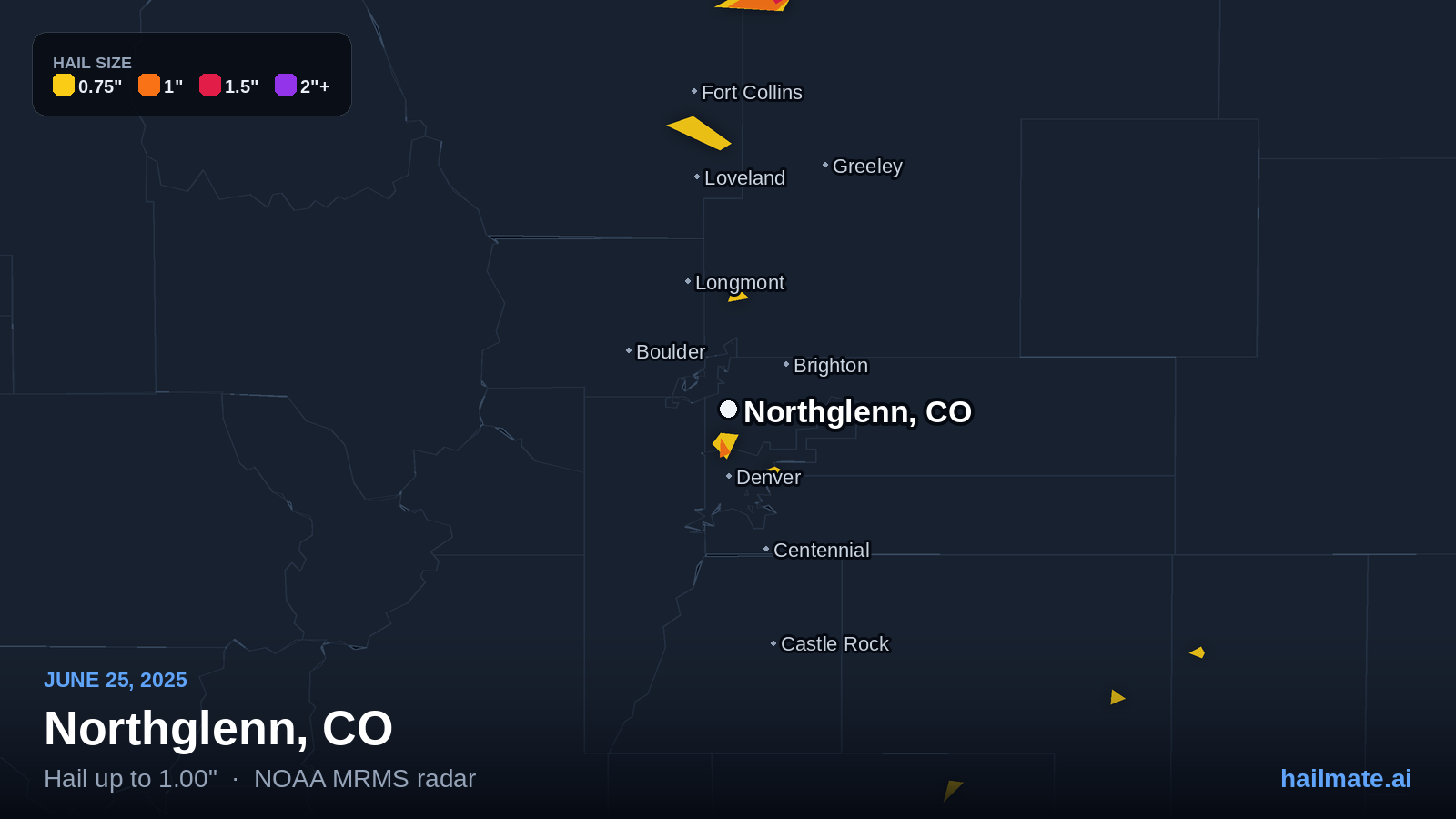 Hail swath map for Northglenn, CO on June 25, 2025 showing 1.00 inch hail.