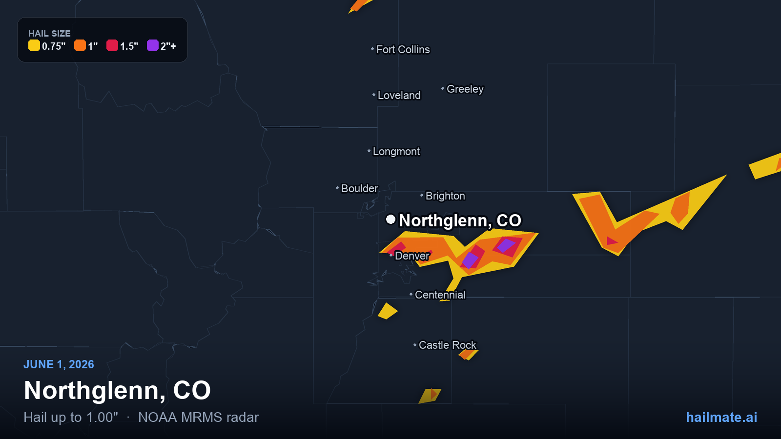 Hail swath map for Northglenn, CO on June 1, 2026 showing 1.00 inch hail.