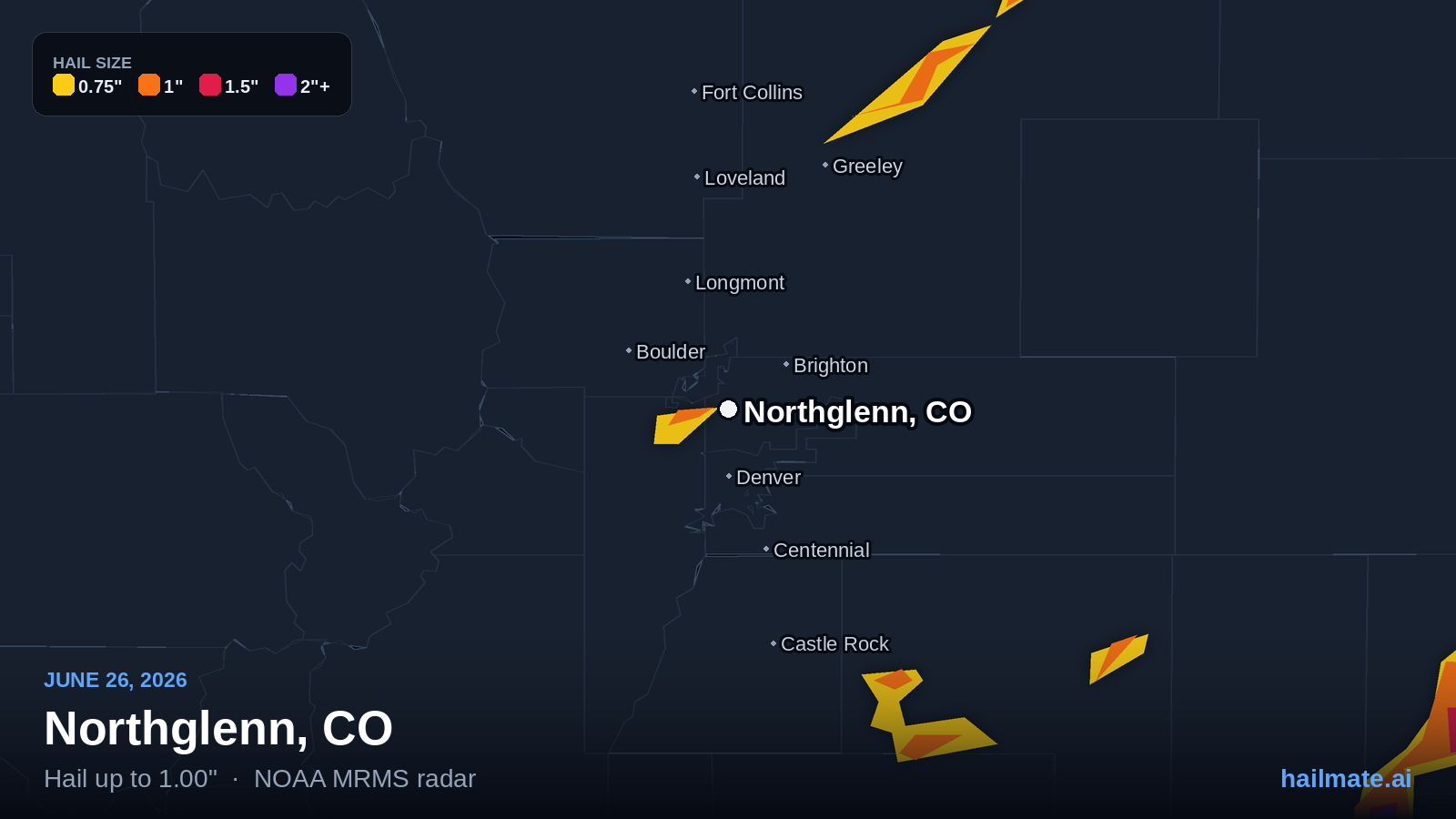 Hail swath map for Northglenn, CO on June 26, 2026 showing 1.00 inch hail.