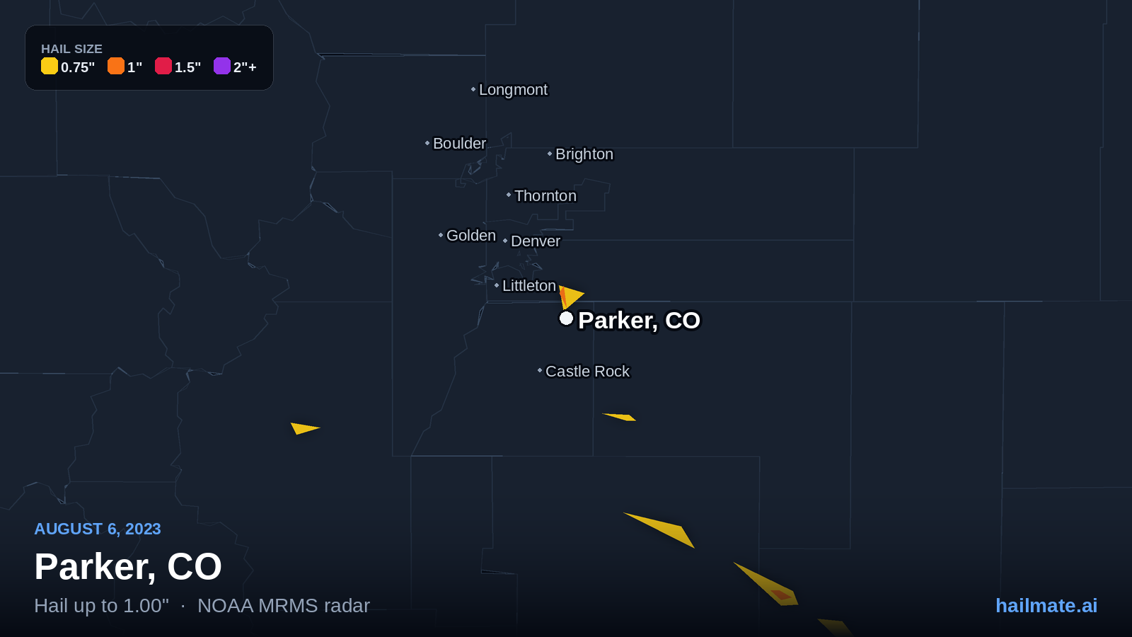 Hail swath map for Parker, CO on August 6, 2023 showing 1.00 inch hail.