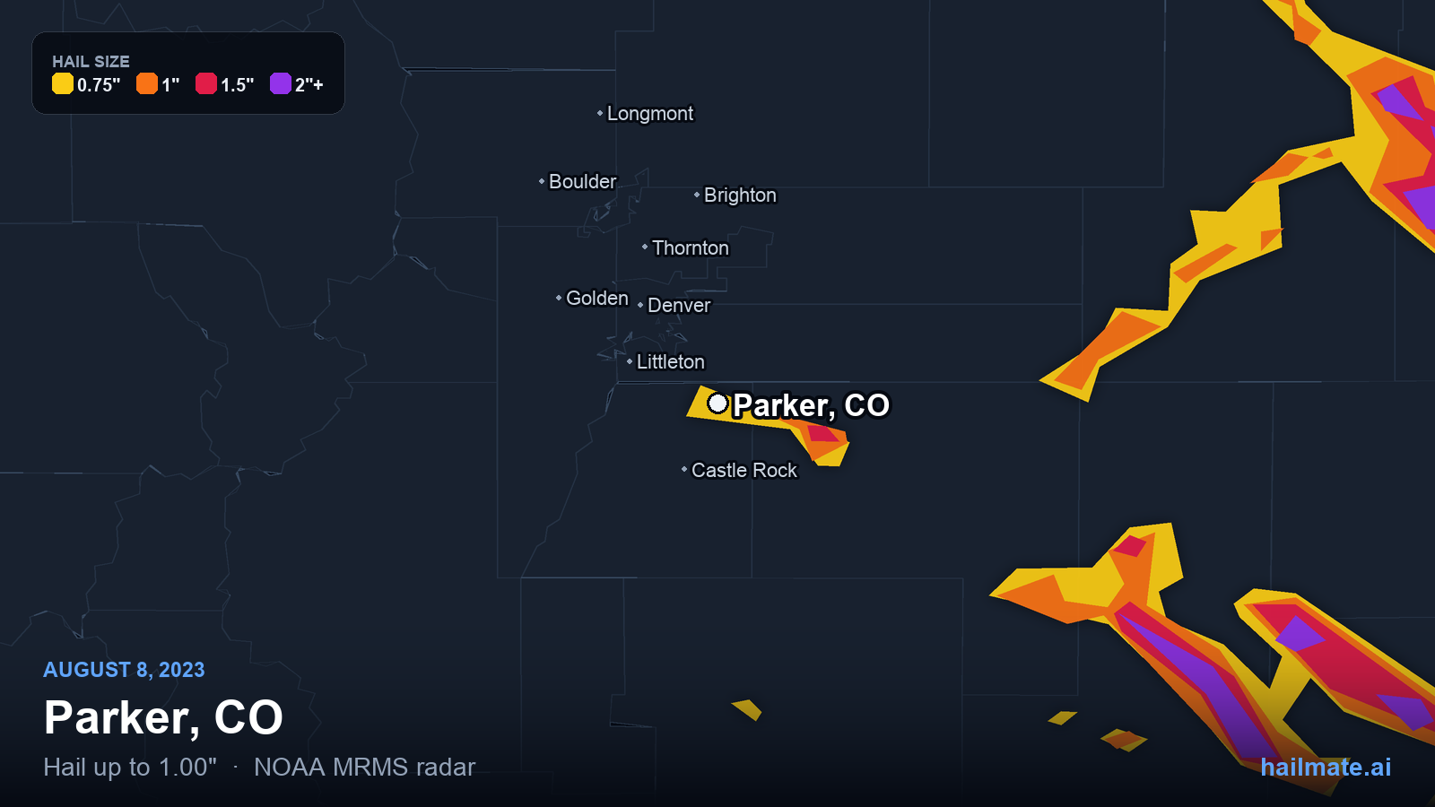 Hail swath map for Parker, CO on August 8, 2023 showing 1.00 inch hail.