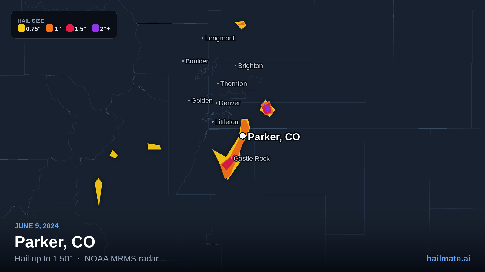 Hail swath map for Parker, CO on June 9, 2024 showing 1.50 inch hail.