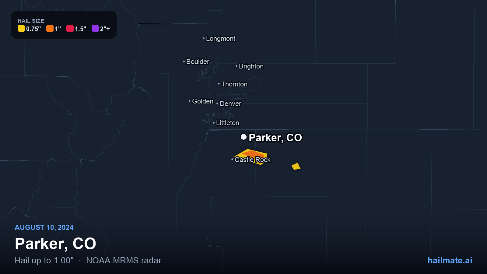 Hail swath map for Parker, CO on August 10, 2024 showing 1.00 inch hail.