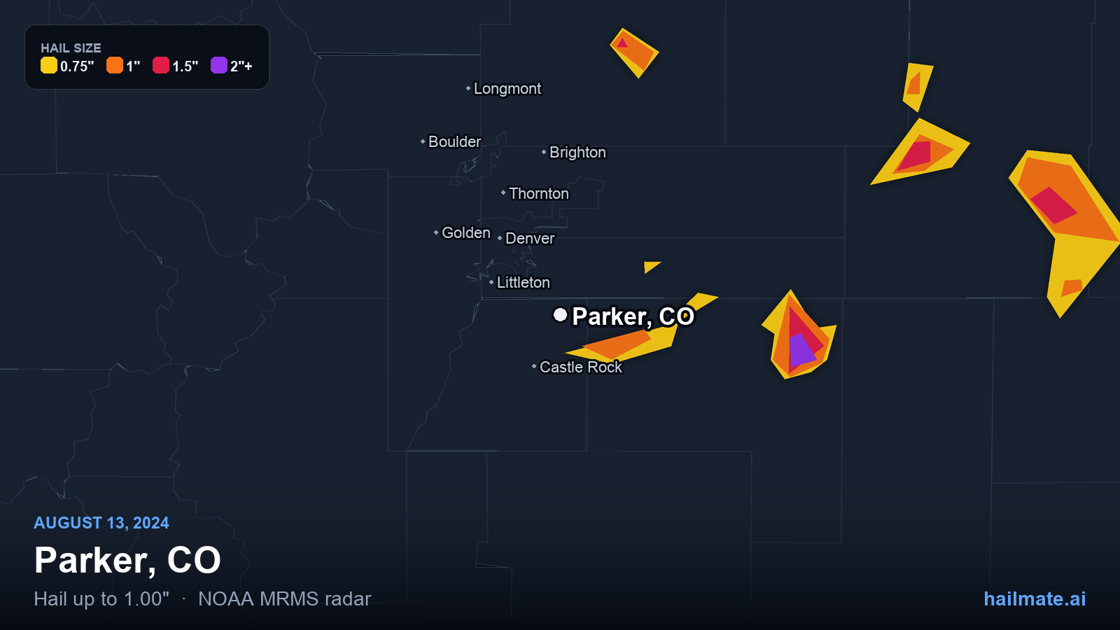 Hail swath map for Parker, CO on August 13, 2024 showing 1.00 inch hail.
