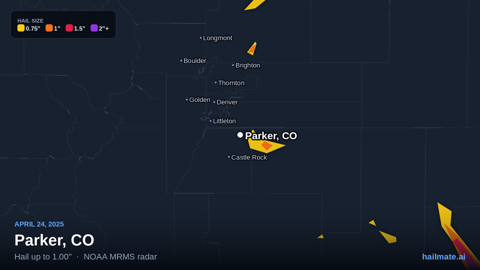 Hail swath map for Parker, CO on April 24, 2025 showing 1.00 inch hail.
