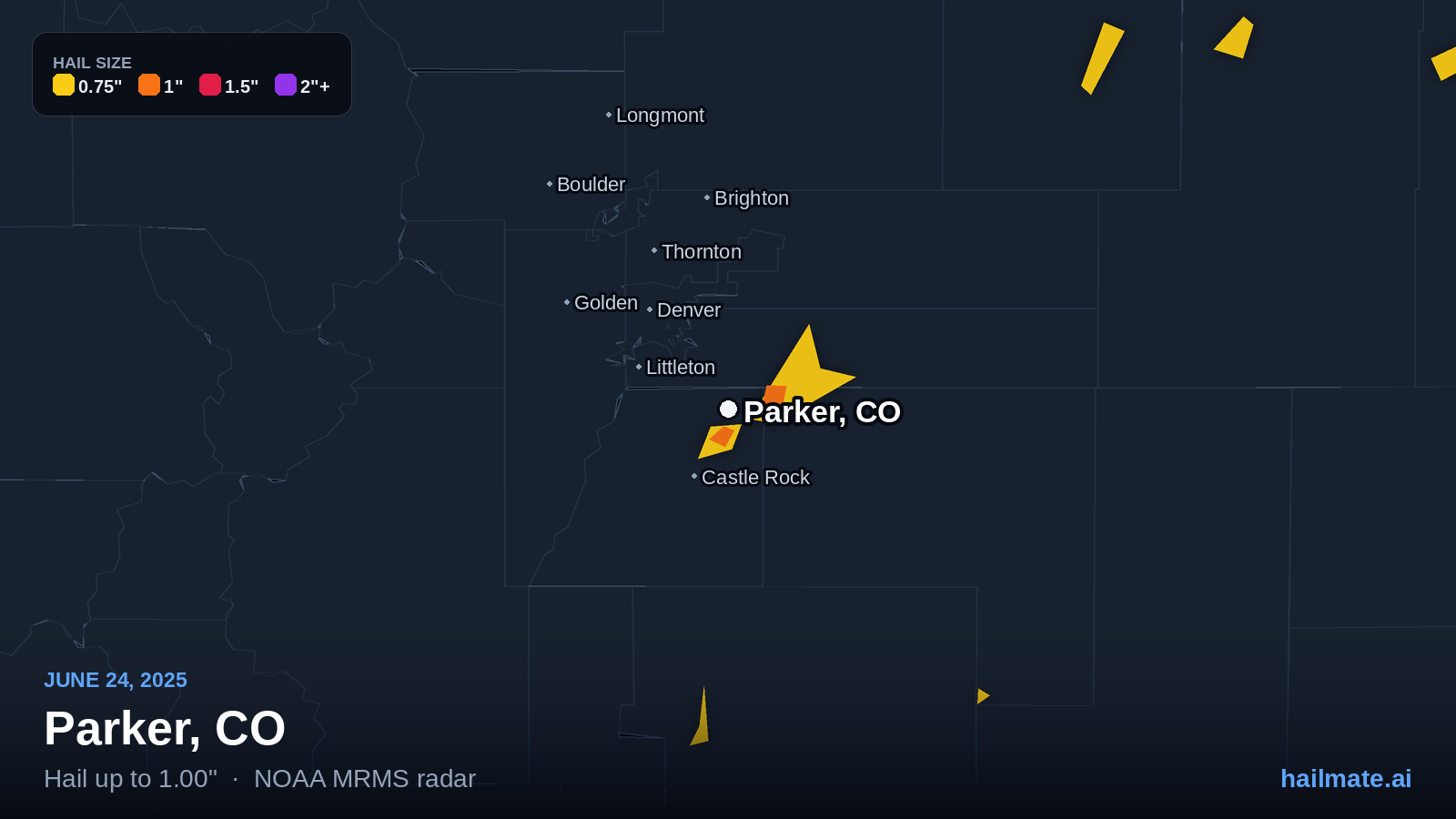 Hail swath map for Parker, CO on June 24, 2025 showing 1.00 inch hail.