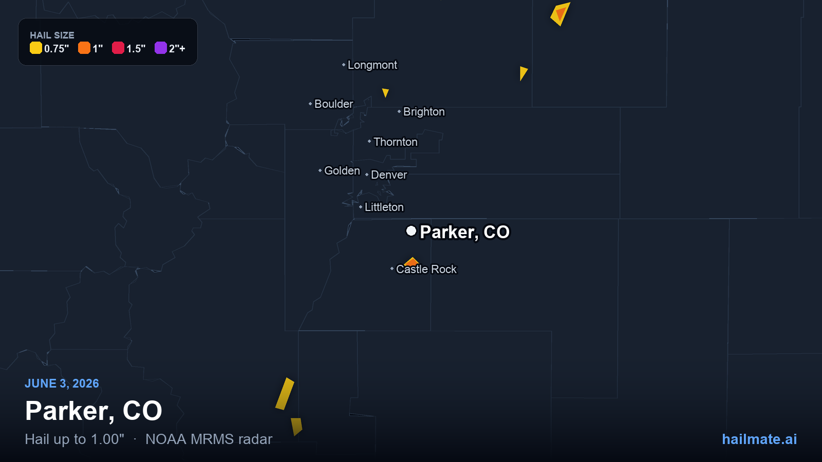 Hail swath map for Parker, CO on June 3, 2026 showing 1.00 inch hail.